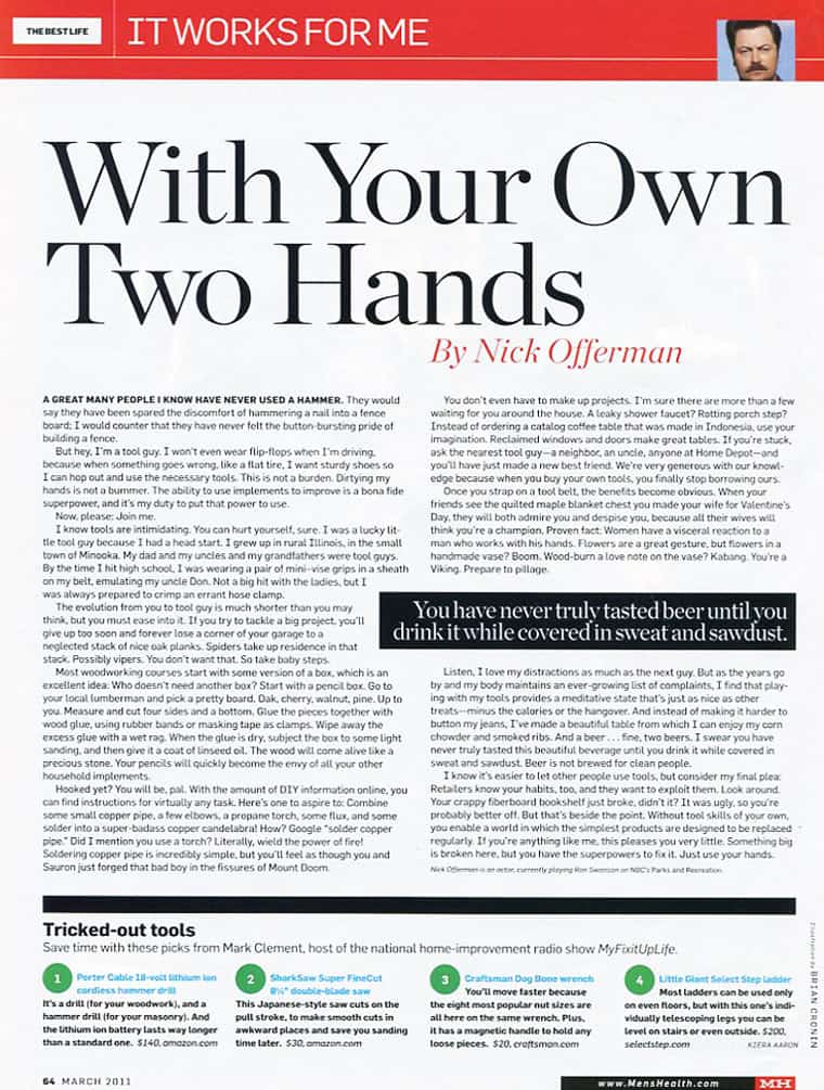Nick's Article in Mens Health Magazine | Offerman Woodshop